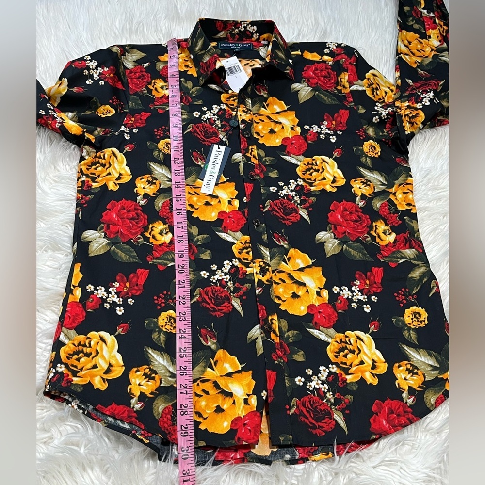 Paisley & Gray Slim Fit Tab Collar Black All Over Print Roses Club Shirt - Picture 13 of 14